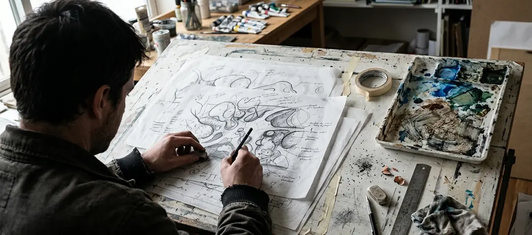 Art workspace with projects in progress
