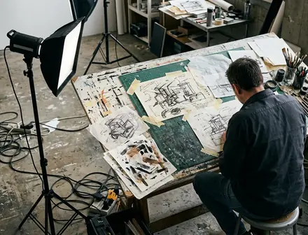 Photography setup with lighting equipment directed at a cluttered drafting table